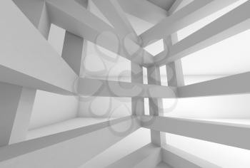3d Abstract architecture background. Internal space of white chaotic braced construction