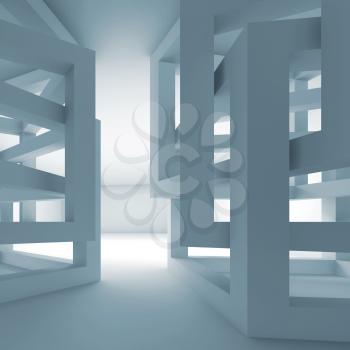 Abstract empty 3d blue modern interior with chaotic cube constructions