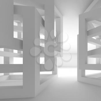 Abstract empty white modern interior fragment with chaotic cube constructions, 3d illustration