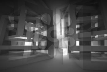Abstract 3d black modern interior with chaotic cube constructions and glowing end