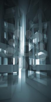 Abstract vertical dark blue modern interior with chaotic cube constructions and glowing end, 3d illustration