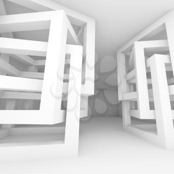 Abstract empty white modern interior square fragment with chaotic cube constructions, 3d illustration