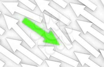 Abstract 3d illustration, one green arrow goes opposite in white group