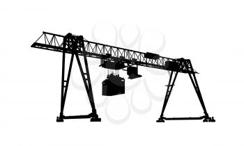 Container bridge gantry crane. Black silhouette isolated on white background, 3d model rendering