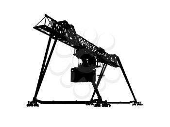 Container bridge gantry crane. Black silhouette isolated on white background, render of 3d model with perspective effect