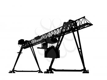 Container bridge gantry crane. Black silhouette isolated on white background, render of 3d model, wide angle perspective view