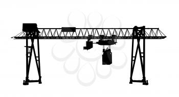 Container bridge gantry crane. Black silhouette isolated on white background. Render of 3d model. Frontal perspective view