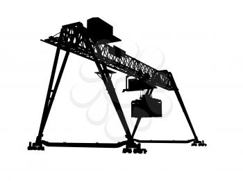 Container bridge gantry crane. Black silhouette isolated on white background. Render of 3d model, wide angle perspective