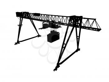 Container bridge gantry crane. Black silhouette isolated on white background. Render of 3d model, wide angle perspective view