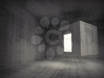 Abstract dark gray concrete room interior. Flying cube with glowing entrance. 3d concept background illustration