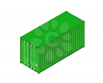 Green metal freight shipping container isolated on white, industrial cargo transportation object. 3d illustration, isometric projection 