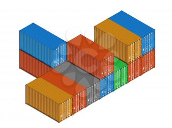Stacked colorful metal freight shipping containers in a row isolated on white. 3d illustration, isometric projection 