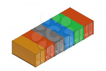 Colorful metal freight shipping containers in a row isolated on white. 3d illustration, isometric projection 