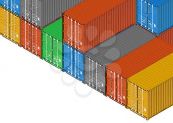 Stacked colorful metal freight shipping containers on white background. 3d illustration, isometric projection 