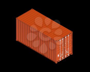 Red metal freight shipping container isolated on black, industrial cargo transportation object. 3d illustration, isometric projection 