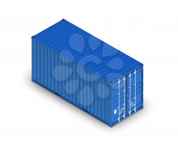 Blue metal freight shipping container isolated on white, industrial cargo transportation object. 3d illustration, isometric projection 