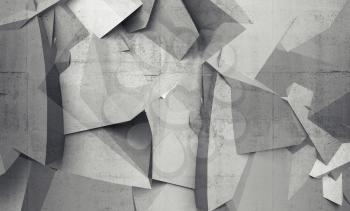 Abstract chaotic polygonal fragments on gray concrete wall background. 3d illustration