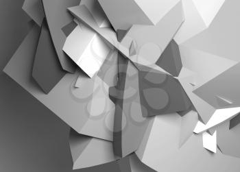 Abstract black and white digital chaotic polygonal surface with fragments, background texture. 3d illustration