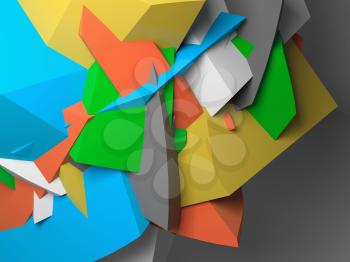 Abstract colorful  chaotic polygonal fragments on gray background. 3d illustration