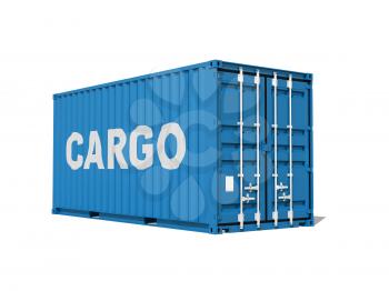 Blue cargo container with text label isolated on white background, 3d illustration