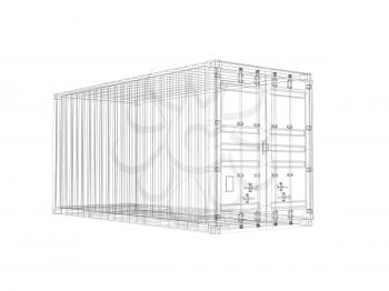 Cargo container, digital wireframe view isolated on white background, 3d illustration