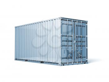 Cargo container, digital blue toned render with wireframe lines isolated on white