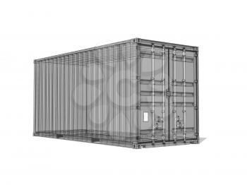 Cargo container, monochrome digital 3d render with wireframe lines isolated on white background