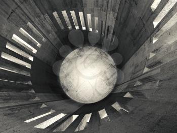 Abstract round concrete tower interior with windows placed in spiral shape, 3d illustration