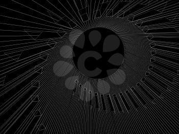 Abstract digital 3d illustration with white wire-frame spiral structure on black background