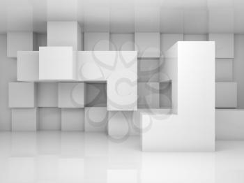 Abstract architecture background with white chaotic cubes pattern on the wall. 3d render