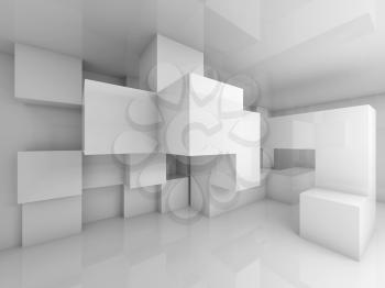 Abstract architecture background with white chaotic cubes structure on the wall. 3d render