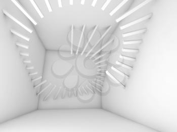 Abstract white empty room interior with decoration spiral structure. 3d render illustration