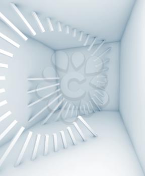 Abstract white empty room interior with helix decoration structure. 3d render illustration