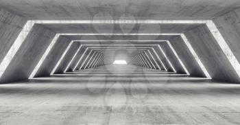 Abstract illuminated empty corridor interior made of gray concrete, 3d illustration