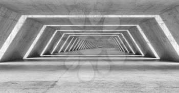 Abstract illuminated empty bent corridor interior made of gray concrete, 3d illustration