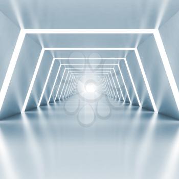 Abstract empty light blue shining corridor interior with illumination, 3d render illustration