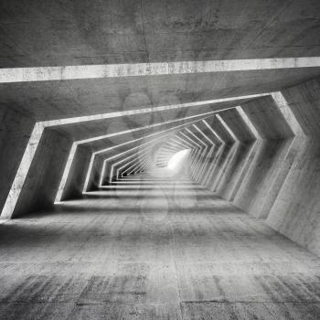 Abstract illuminated empty bent concrete corridor interior, 3d render illustration