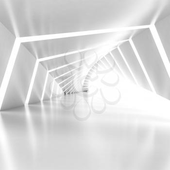 Abstract empty illuminated white shining bent corridor interior, 3d render illustration, square composition