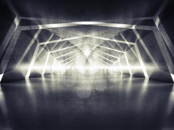 Abstract dark shining surreal tunnel interior background, 3d illustration
