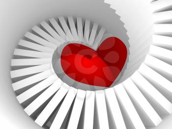 The way to the heart, 3d illustration metaphor with white spiral stairway and red heart sign