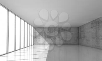 Abstract architecture background, empty white interior with bright windows and concrete walls, 3d illustration