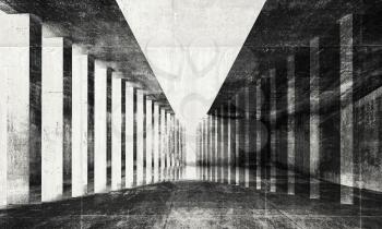 Abstract monochrome dark grungy surreal tunnel interior background, 3d illustration with concrete texture