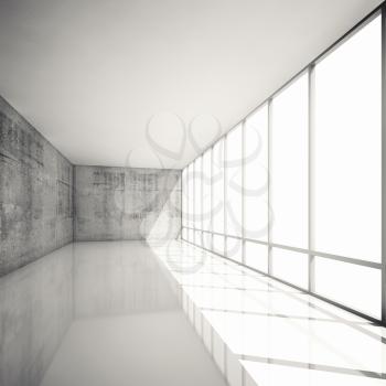 Abstract modern architecture background, empty white interior with bright windows and concrete walls, 3d illustration with retro toned filter, instagram style