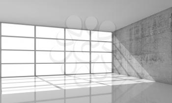 Abstract architecture background, empty concrete interior with the sunlight going through windows in modern frames, 3d illustration