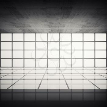 Abstract architecture background, empty concrete interior with bright windows in modern frames, 3d illustration with retro toned filter, instagram style, front view