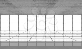 Abstract architecture background, empty concrete interior with bright windows in modern frames, 3d illustration, front view