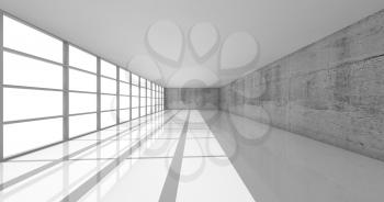 Abstract architecture background, empty white open space interior with bright windows and gray concrete walls, 3d illustration