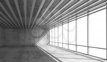 Abstract architecture background, empty open space interior with bright windows and gray concrete walls, 3d illustration