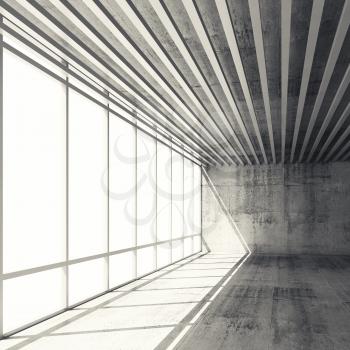Abstract architecture background, empty interior with bright windows and gray concrete walls, 3d illustration with retro toned filter, instagram style