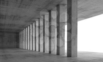 Abstract architecture background, empty interior with concrete columns and white windows, 3d illustration with perspective effect